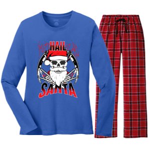 Hail Santa! Funny Christmas Rock On Santa Skeleton Cute Gift Women's Long Sleeve Flannel Pajama Set 