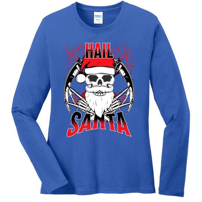 Hail Santa! Funny Christmas Rock On Santa Skeleton Cute Gift Ladies Long Sleeve Shirt