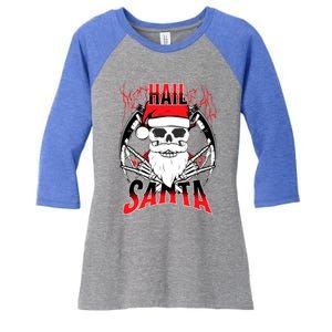 Hail Santa! Funny Christmas Rock On Santa Skeleton Cute Gift Women's Tri-Blend 3/4-Sleeve Raglan Shirt