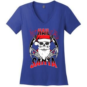 Hail Santa! Funny Christmas Rock On Santa Skeleton Cute Gift Women's V-Neck T-Shirt