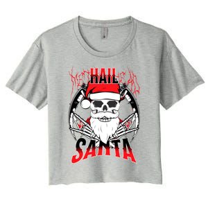 Hail Santa! Funny Christmas Rock On Santa Skeleton Cute Gift Women's Crop Top Tee