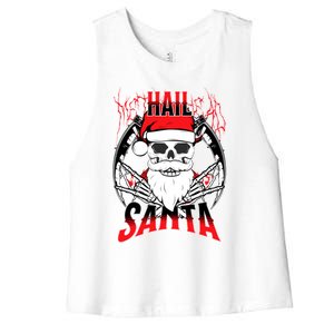 Hail Santa! Funny Christmas Rock On Santa Skeleton Cute Gift Women's Racerback Cropped Tank