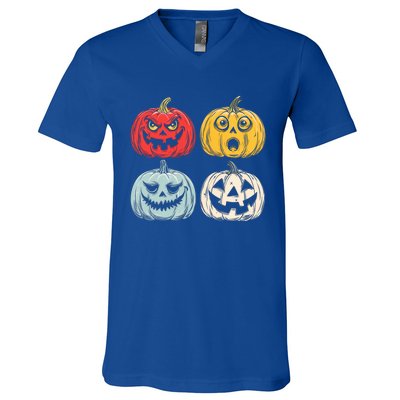 Halloween Spooky Fun Scary Pumpkin Faces Gift V-Neck T-Shirt