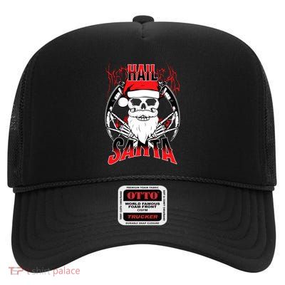 Hail Santa! Funny Christmas Rock On Santa Skeleton Cute Gift High Crown Mesh Back Trucker Hat