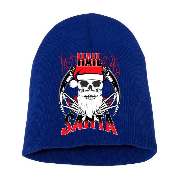 Hail Santa! Funny Christmas Rock On Santa Skeleton Cute Gift Short Acrylic Beanie