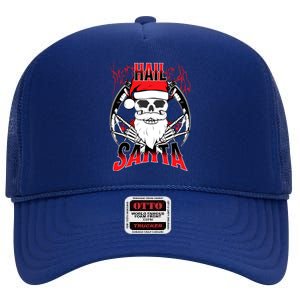 Hail Santa! Funny Christmas Rock On Santa Skeleton Cute Gift High Crown Mesh Back Trucker Hat