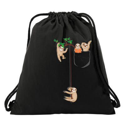Happy Sloth Family Habitat In Pocket Drawstring Bag