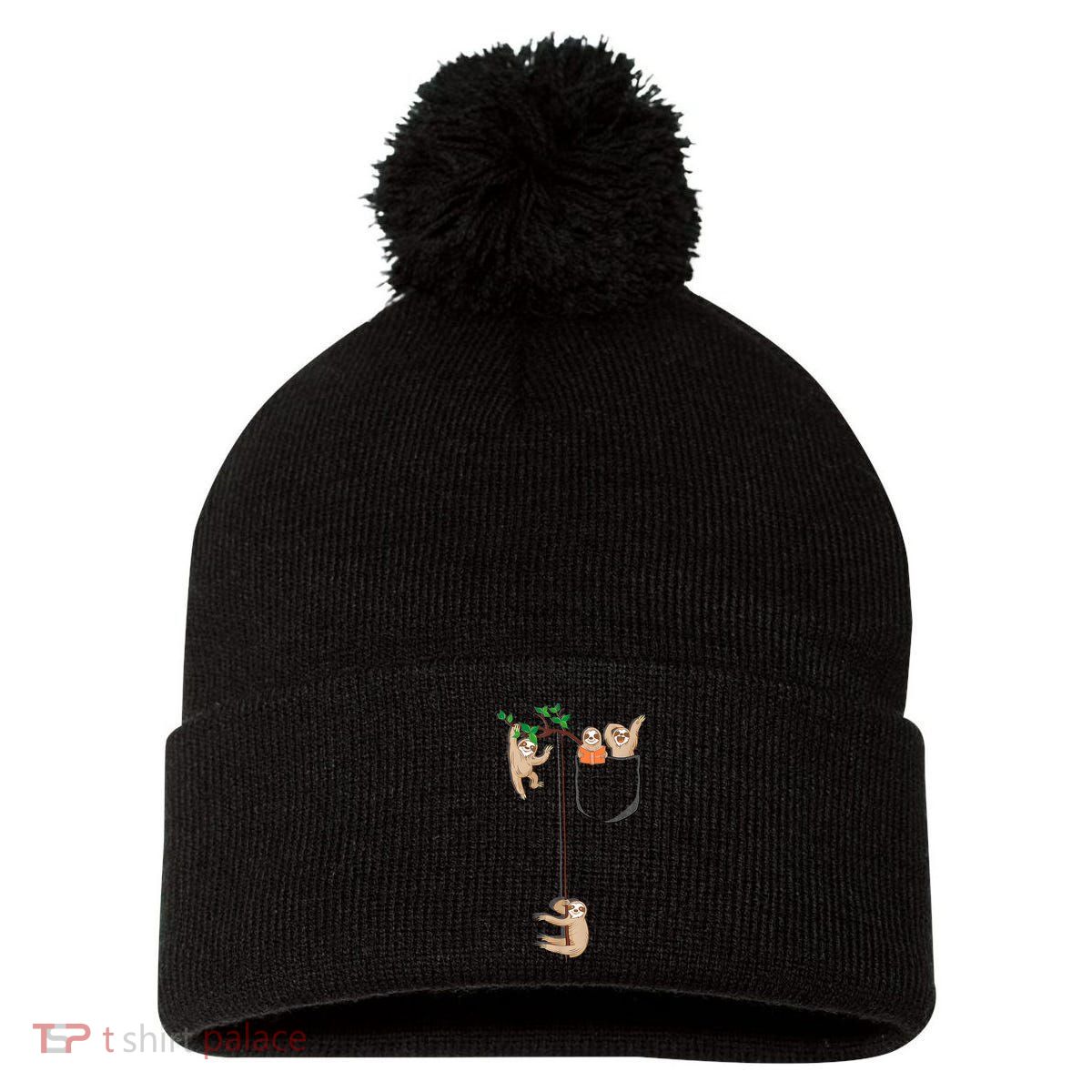 Happy Sloth Family Habitat In Pocket Pom Pom 12in Knit Beanie