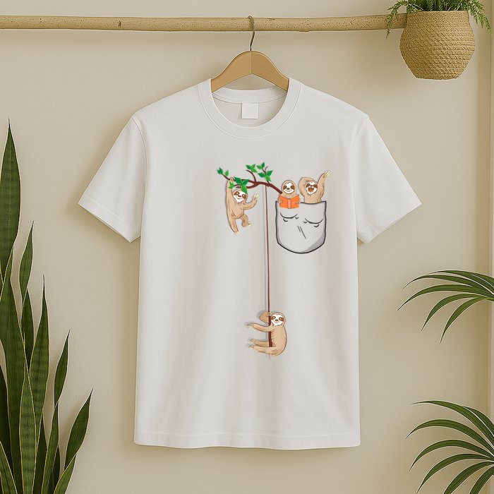 Happy Sloth Family Habitat In Pocket T-Shirt