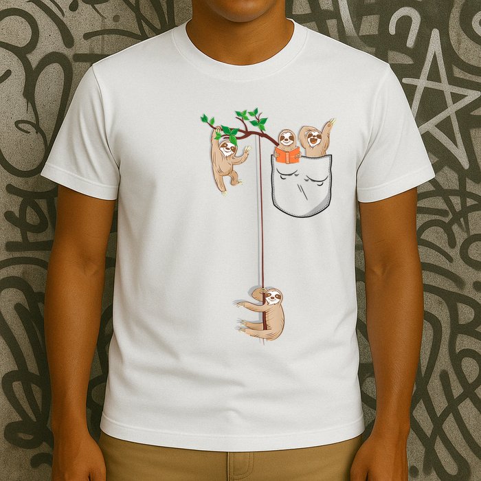 Happy Sloth Family Habitat In Pocket T-Shirt