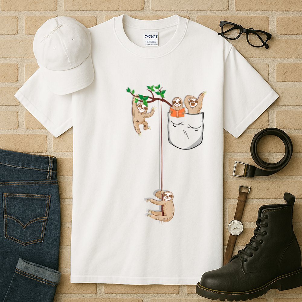Happy Sloth Family Habitat In Pocket Tall T-Shirt