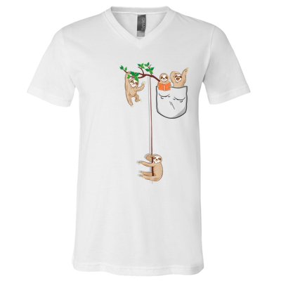 Happy Sloth Family Habitat In Pocket V-Neck T-Shirt