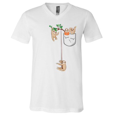 Happy Sloth Family Habitat In Pocket V-Neck T-Shirt