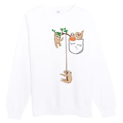 Happy Sloth Family Habitat In Pocket Premium Crewneck Sweatshirt