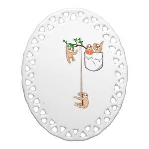 Happy Sloth Family Habitat In Pocket Ceramic Oval Ornament