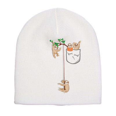 Happy Sloth Family Habitat In Pocket Short Acrylic Beanie
