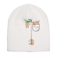 Happy Sloth Family Habitat In Pocket Short Acrylic Beanie