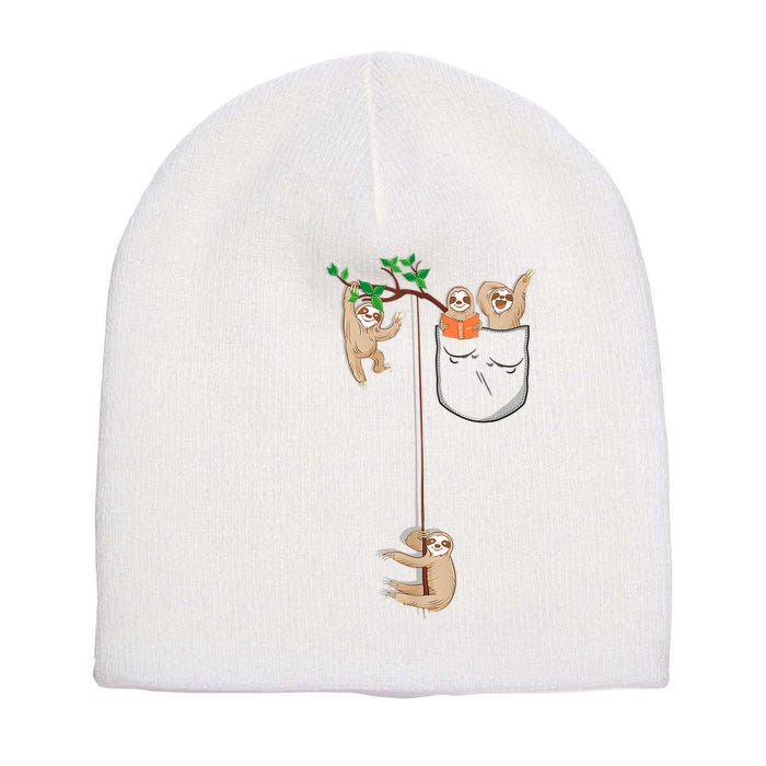 Happy Sloth Family Habitat In Pocket Short Acrylic Beanie