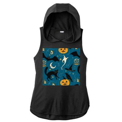 Halloween Spooky Ghost Pattern Ladies PosiCharge Tri-Blend Wicking Draft Hoodie Tank