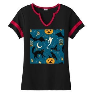 Halloween Spooky Ghost Pattern Ladies Halftime Notch Neck Tee