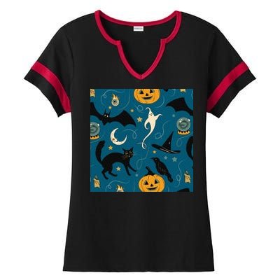 Halloween Spooky Ghost Pattern Ladies Halftime Notch Neck Tee