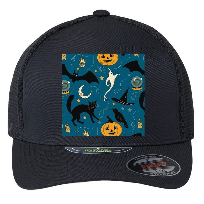 Halloween Spooky Ghost Pattern Flexfit Unipanel Trucker Cap