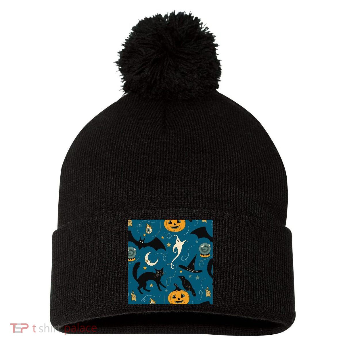 Halloween Spooky Ghost Pattern Pom Pom 12in Knit Beanie