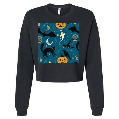 Halloween Spooky Ghost Pattern Cropped Pullover Crew