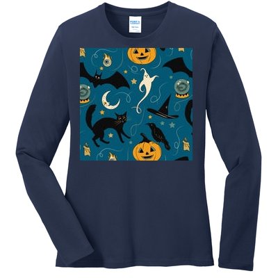 Halloween Spooky Ghost Pattern Ladies Long Sleeve Shirt