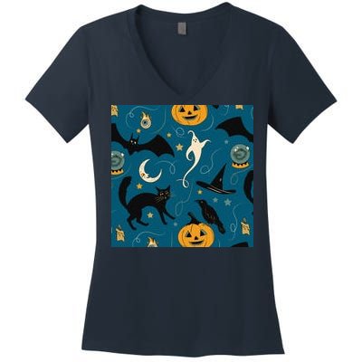 Halloween Spooky Ghost Pattern Women's V-Neck T-Shirt