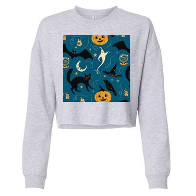 Halloween Spooky Ghost Pattern Cropped Pullover Crew