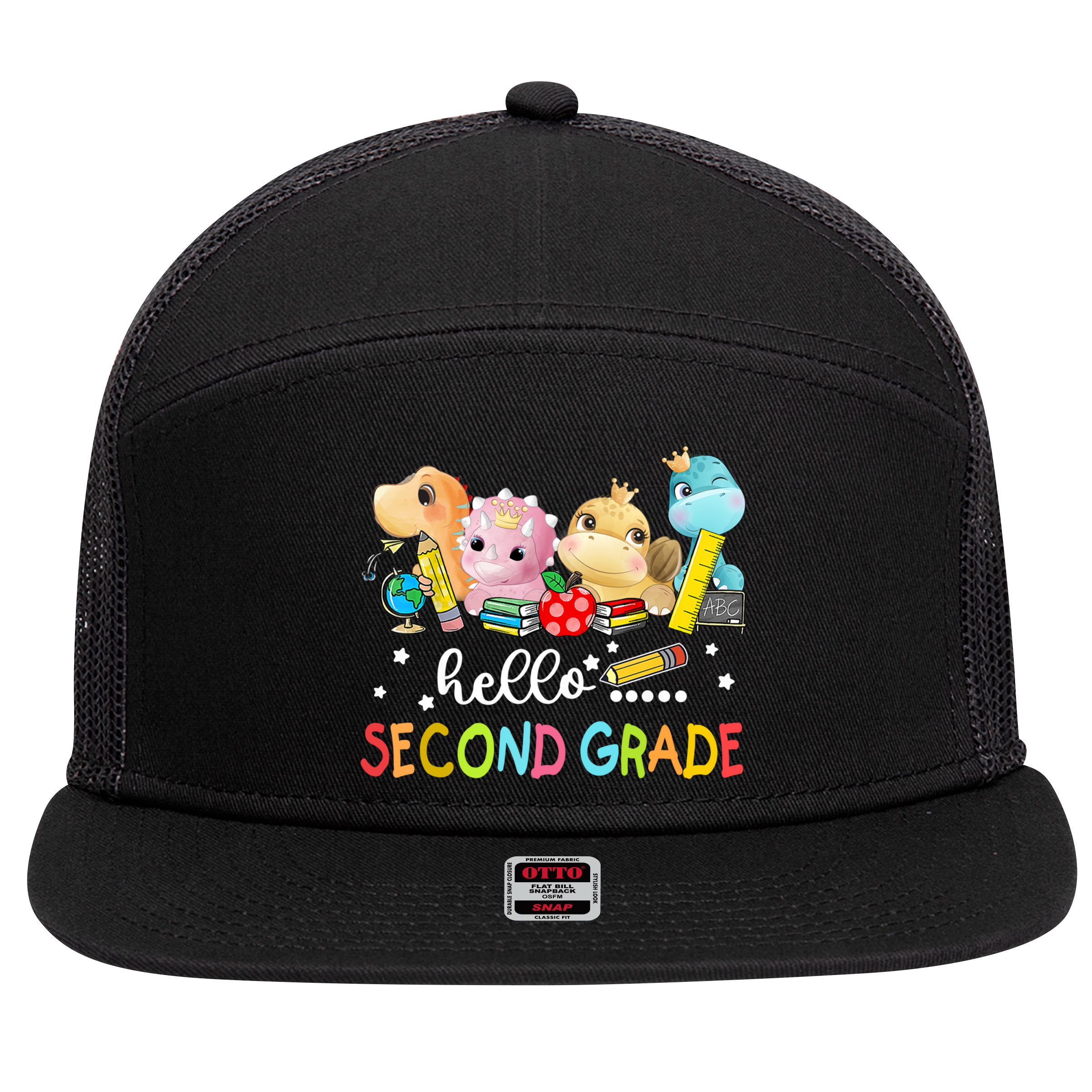 Hello Second Grade Crew Dinosaur First Day Teacher Gift 7 Panel Mesh Trucker Snapback Hat