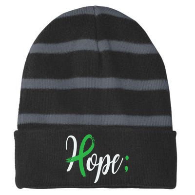 Hope Semicolon Green Ribbon Mental Health Awareness Striped Beanie with Solid Band