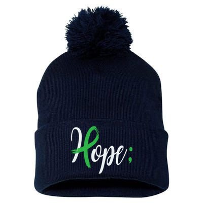 Hope Semicolon Green Ribbon Mental Health Awareness Pom Pom 12in Knit Beanie