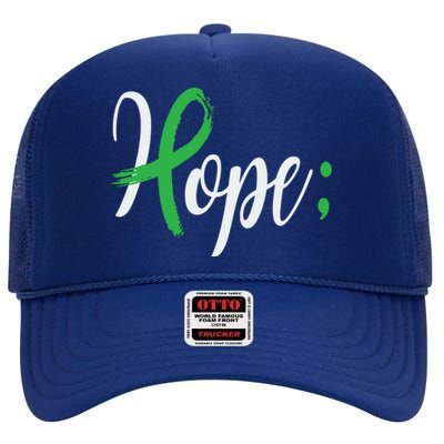 Hope Semicolon Green Ribbon Mental Health Awareness High Crown Mesh Back Trucker Hat