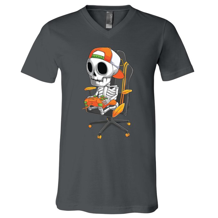 Halloween Skeleton Gamer Video Gaming Teens V-Neck T-Shirt