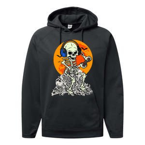 Halloween Skeleton Gamer Skull Moon Gaming Performance Fleece Hoodie