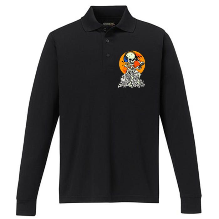 Halloween Skeleton Gamer Skull Moon Gaming Performance Long Sleeve Polo