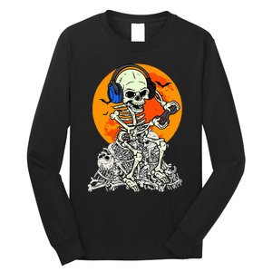 Halloween Skeleton Gamer Skull Moon Gaming Long Sleeve Shirt