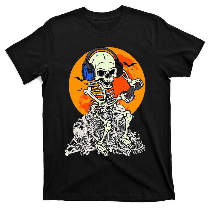 Halloween Skeleton Gamer Skull Moon Gaming T-Shirt