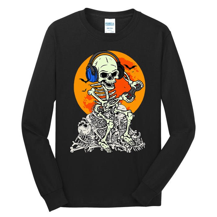 Halloween Skeleton Gamer Skull Moon Gaming Tall Long Sleeve T-Shirt