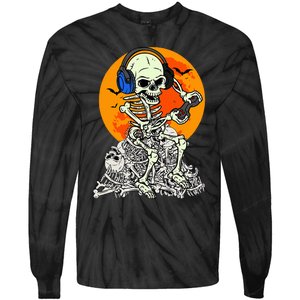 Halloween Skeleton Gamer Skull Moon Gaming Tie-Dye Long Sleeve Shirt