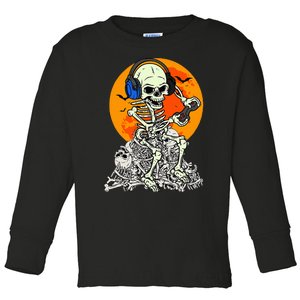 Halloween Skeleton Gamer Skull Moon Gaming Toddler Long Sleeve Shirt