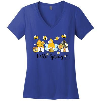 Hello Spring Gnome Bees Sunflower Bee Spring Gift Women's V-Neck T-Shirt