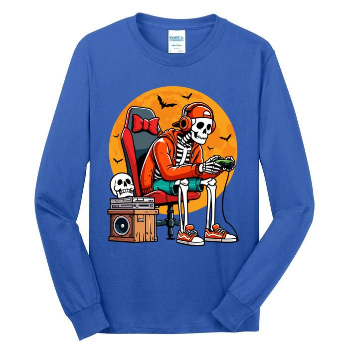 Halloween Skeleton Gamer Funny Video Gaming Halloween Cool Gift Tall Long Sleeve T-Shirt