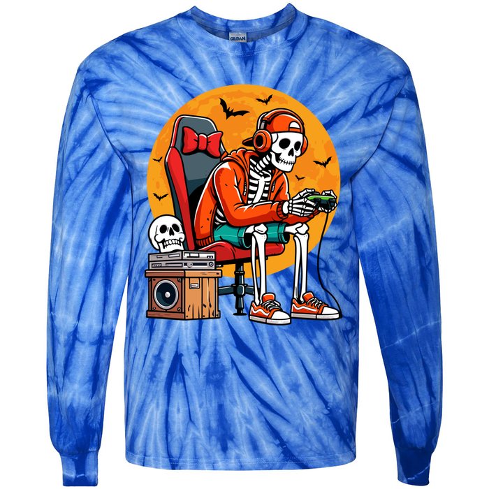 Halloween Skeleton Gamer Funny Video Gaming Halloween Cool Gift Tie-Dye Long Sleeve Shirt