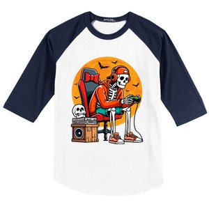 Halloween Skeleton Gamer Funny Video Gaming Halloween Cool Gift Baseball Sleeve Shirt