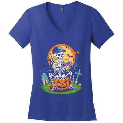 Halloween Skeleton Gamer Video Gaming Gift Women's V-Neck T-Shirt