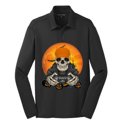 Halloween Skeleton Gamer Video Game Lover Gift Silk Touch Performance Long Sleeve Polo