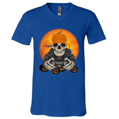 Halloween Skeleton Gamer Video Game Lover Gift V-Neck T-Shirt